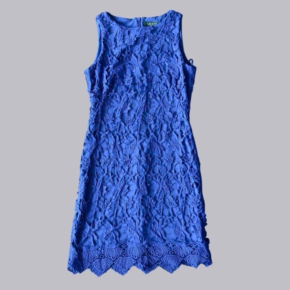Ralph Lauren Cobalt Blue Floral Overlay Lined Dress Size 4 - Picture 5 of 16